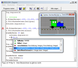 EOS-Hauptfenster mit offener Code-Vervollständigung und sichtbarer letzter Programmausgabe